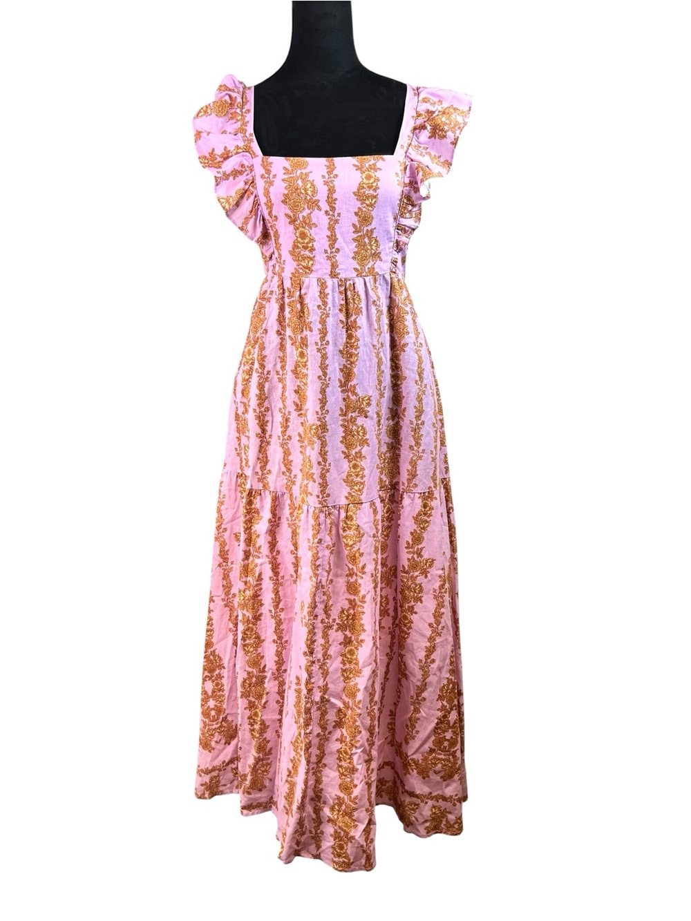 Kivari Pink Gold Floral Long Sundress Size 6 Linen Blend Boho Fairy Festival